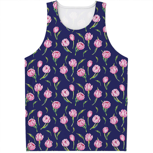 Pink Watercolor Tulip Flower Print Men's Tank Top