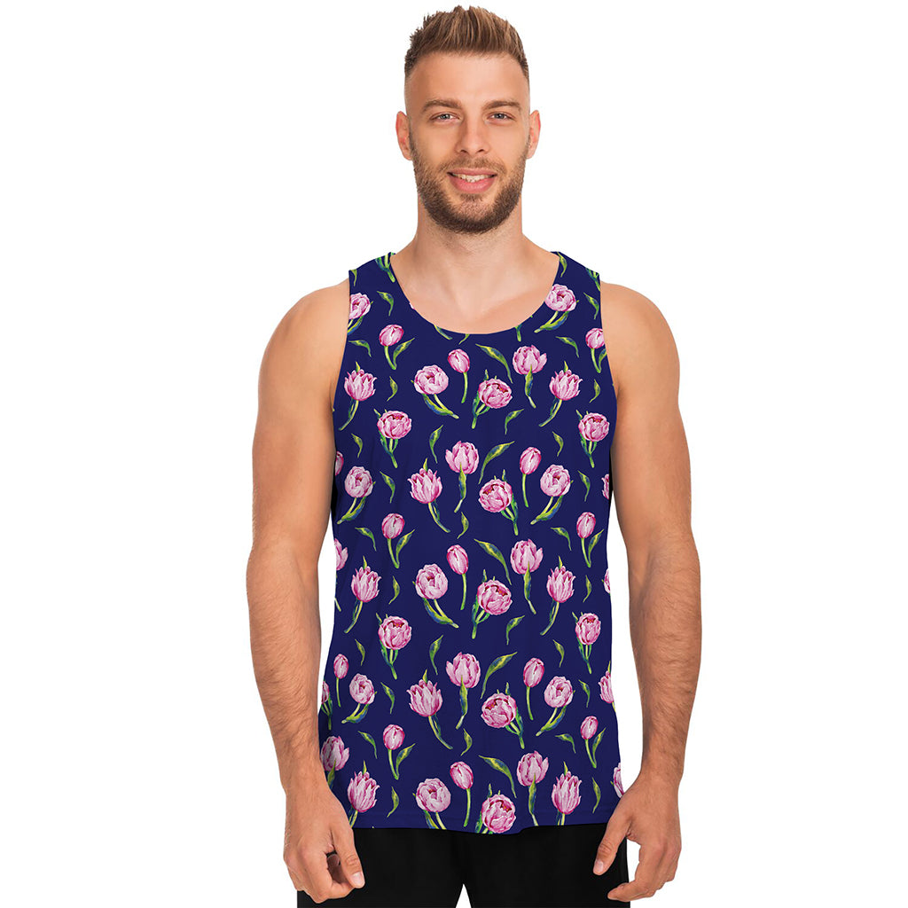 Pink Watercolor Tulip Flower Print Men's Tank Top
