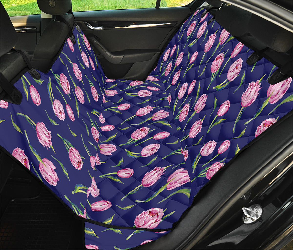 Pink Watercolor Tulip Flower Print Pet Car Back Seat Cover