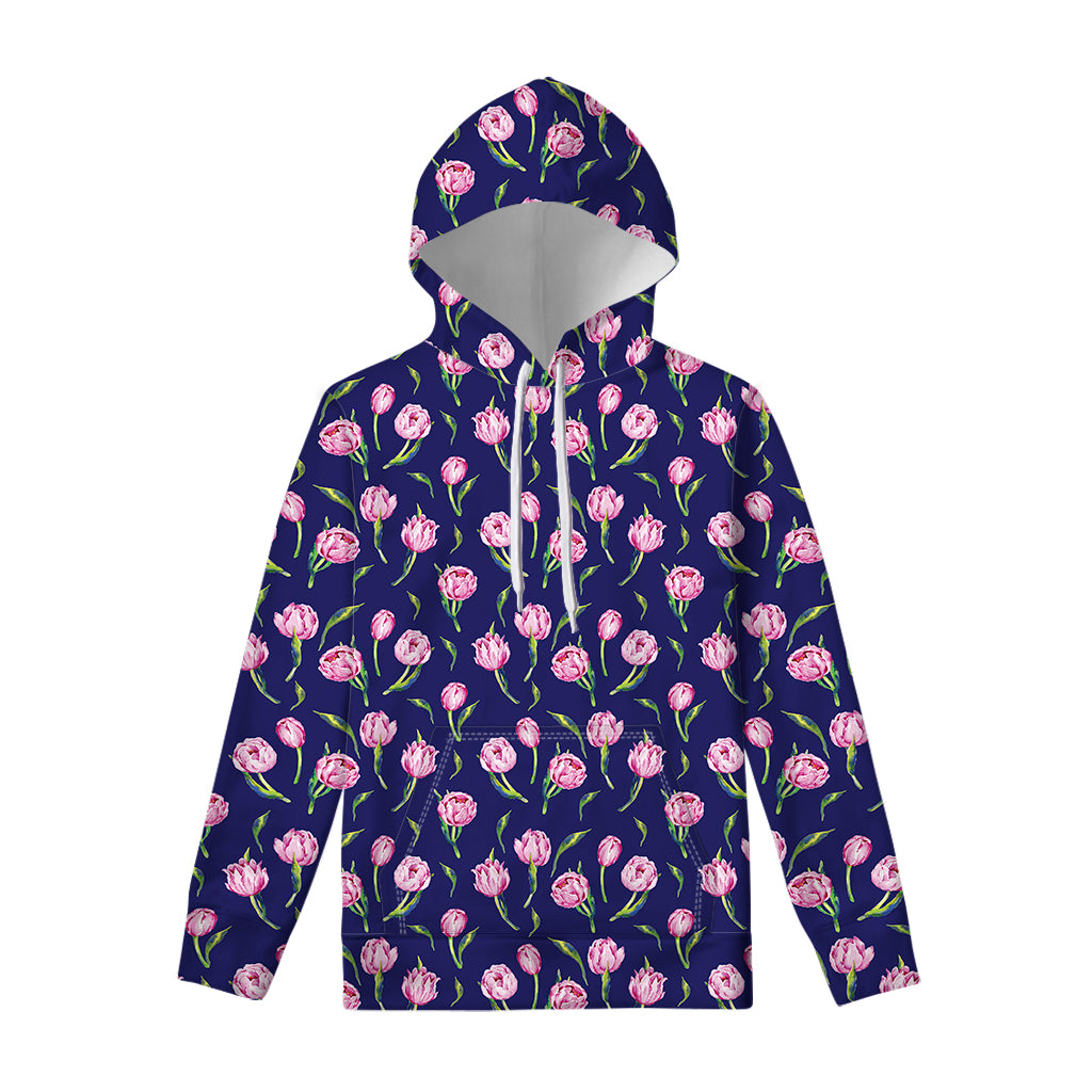 Pink Watercolor Tulip Flower Print Pullover Hoodie