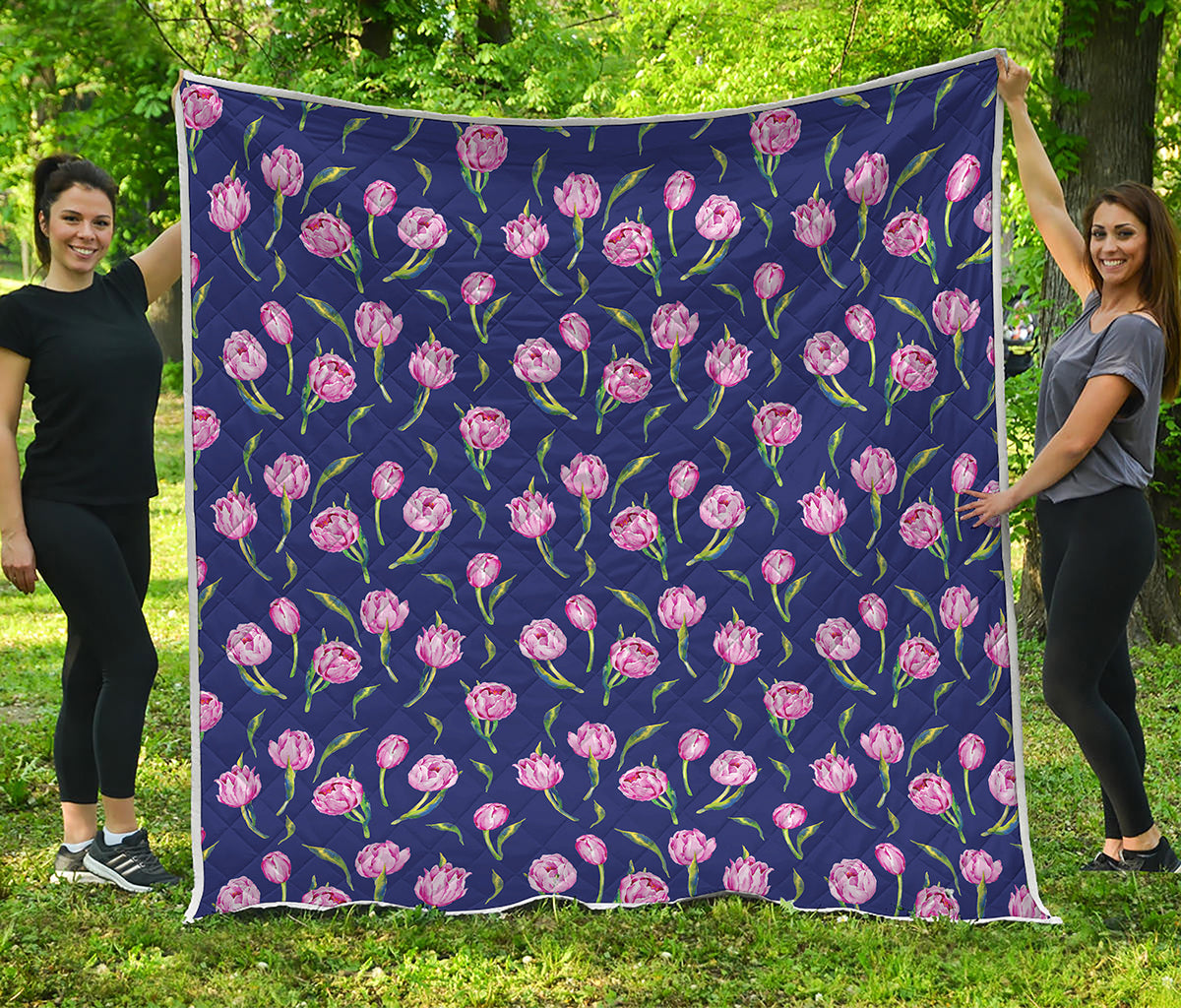 Pink Watercolor Tulip Flower Print Quilt