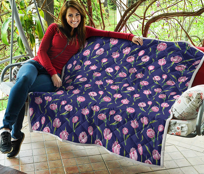 Pink Watercolor Tulip Flower Print Quilt