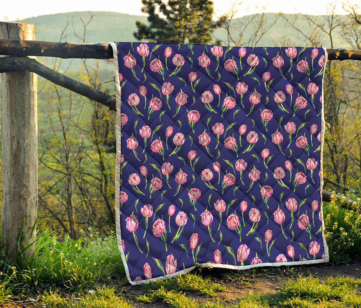 Pink Watercolor Tulip Flower Print Quilt