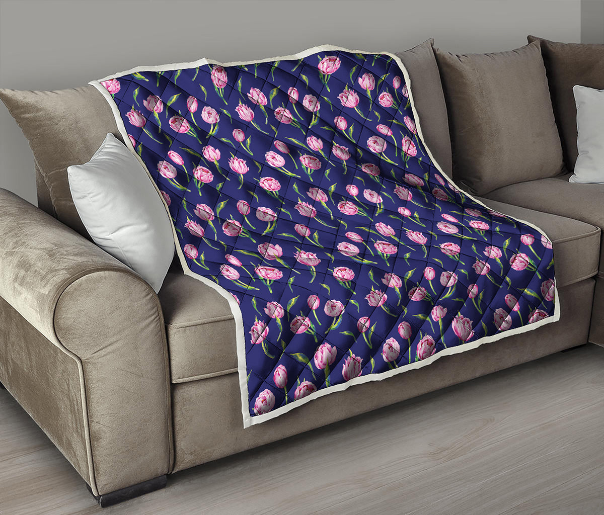 Pink Watercolor Tulip Flower Print Quilt