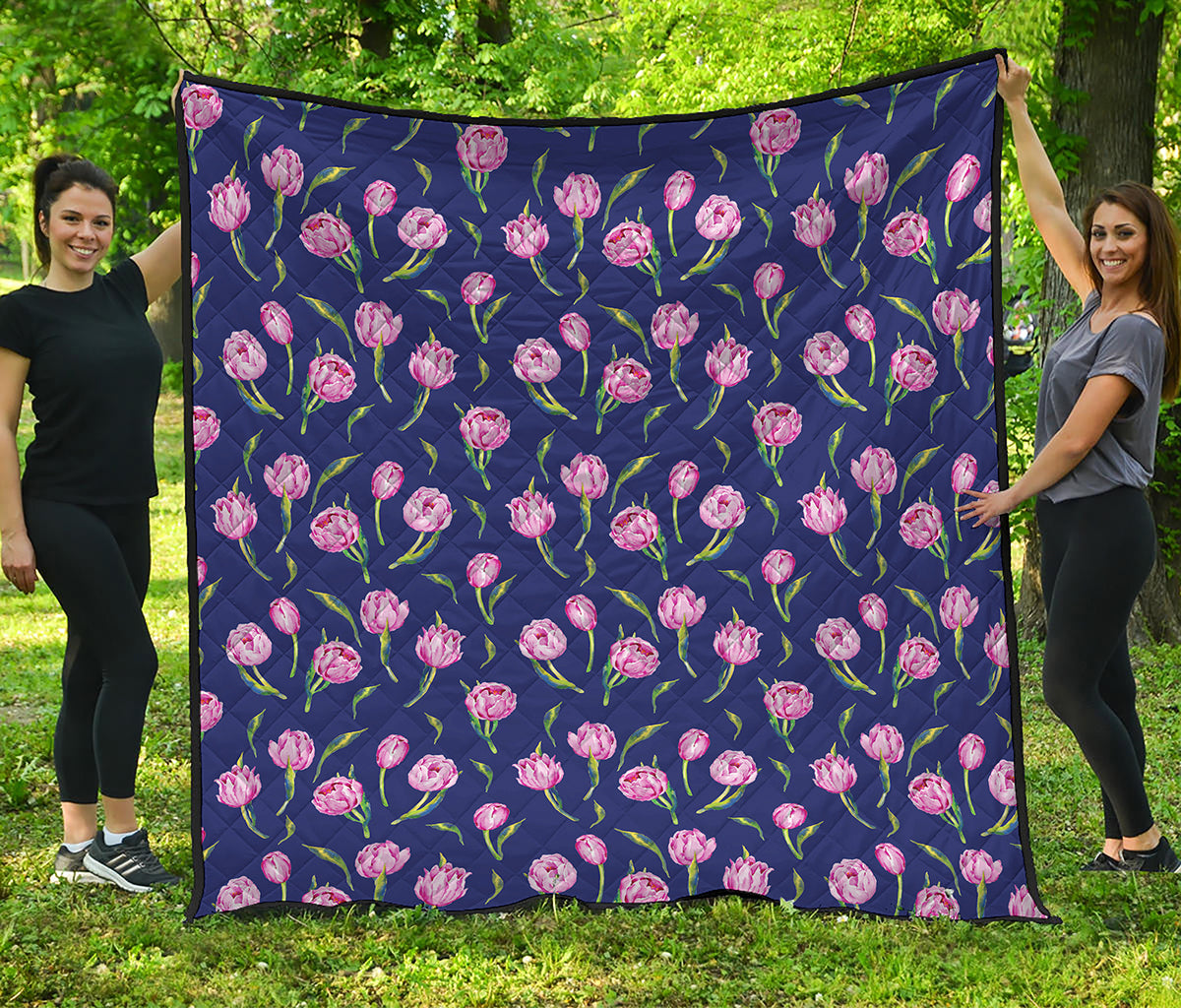 Pink Watercolor Tulip Flower Print Quilt
