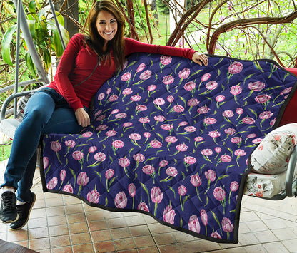 Pink Watercolor Tulip Flower Print Quilt