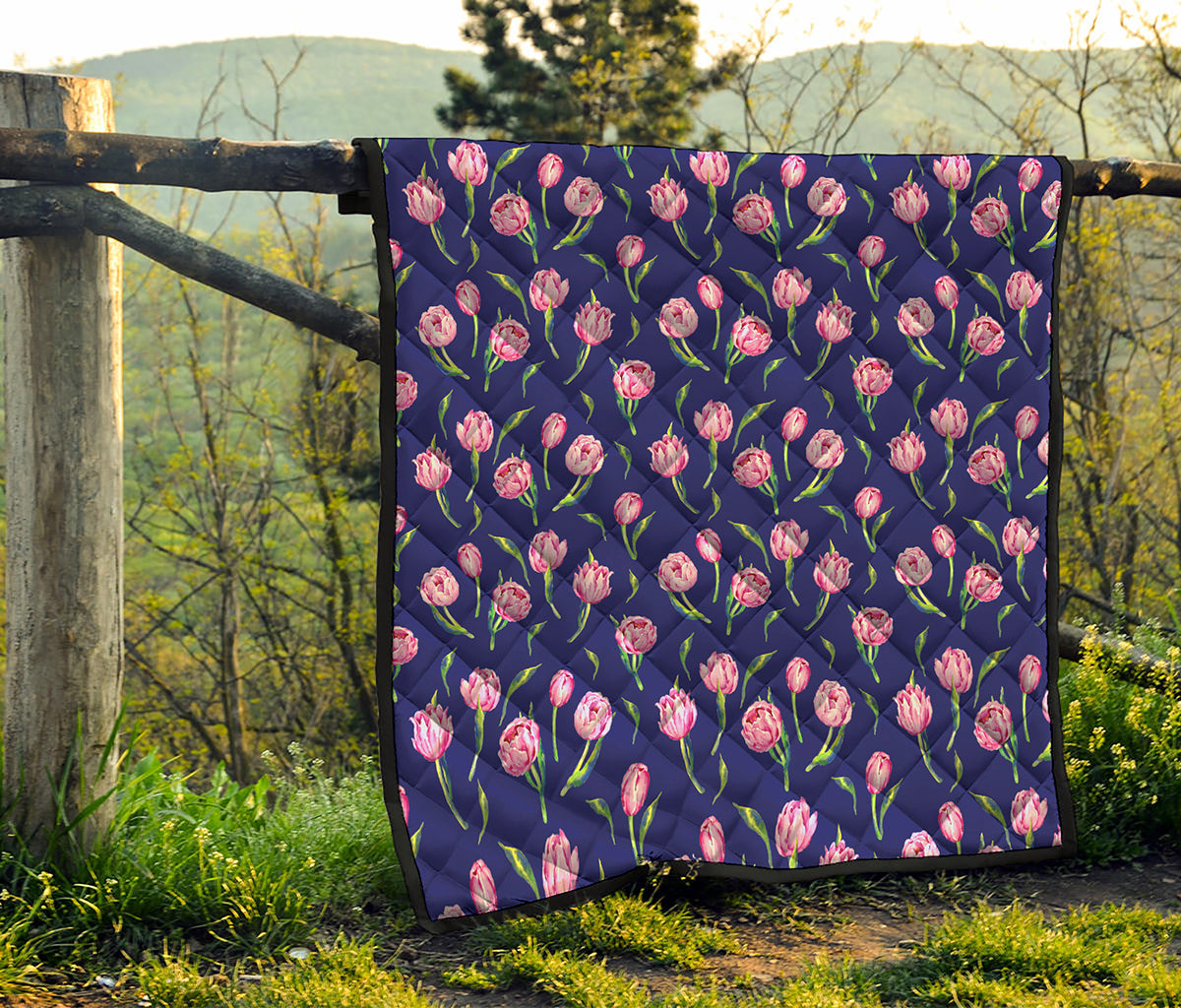 Pink Watercolor Tulip Flower Print Quilt