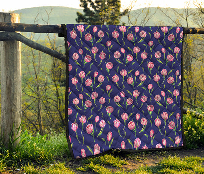 Pink Watercolor Tulip Flower Print Quilt
