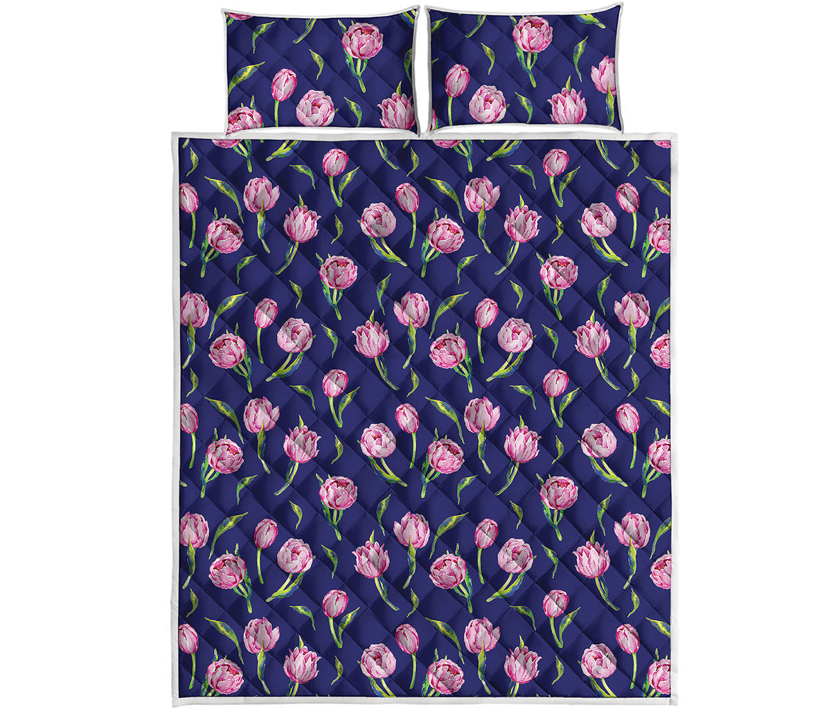 Pink Watercolor Tulip Flower Print Quilt Bed Set
