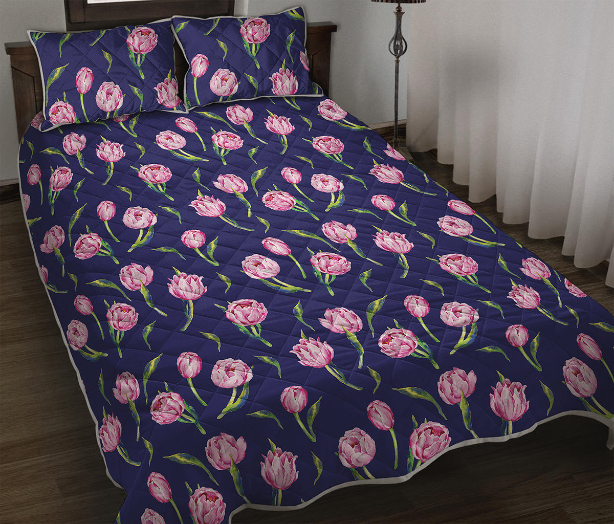 Pink Watercolor Tulip Flower Print Quilt Bed Set