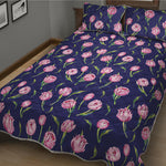 Pink Watercolor Tulip Flower Print Quilt Bed Set