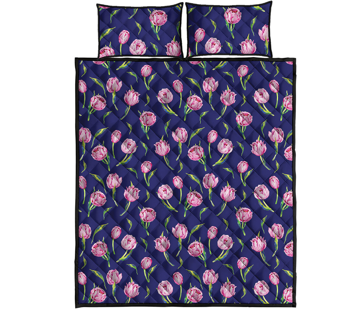 Pink Watercolor Tulip Flower Print Quilt Bed Set