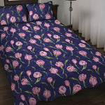 Pink Watercolor Tulip Flower Print Quilt Bed Set