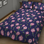 Pink Watercolor Tulip Flower Print Quilt Bed Set