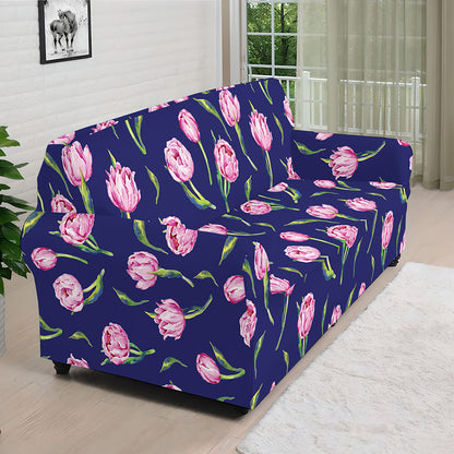 Pink Watercolor Tulip Flower Print Sofa Cover