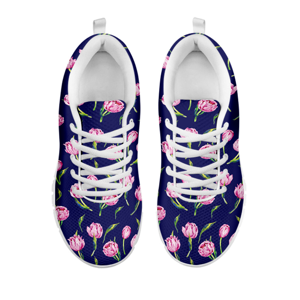 Pink Watercolor Tulip Flower Print White Sneakers