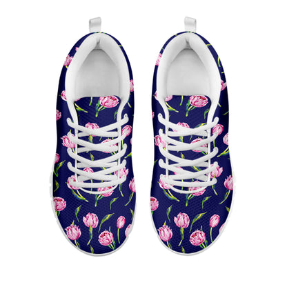 Pink Watercolor Tulip Flower Print White Sneakers