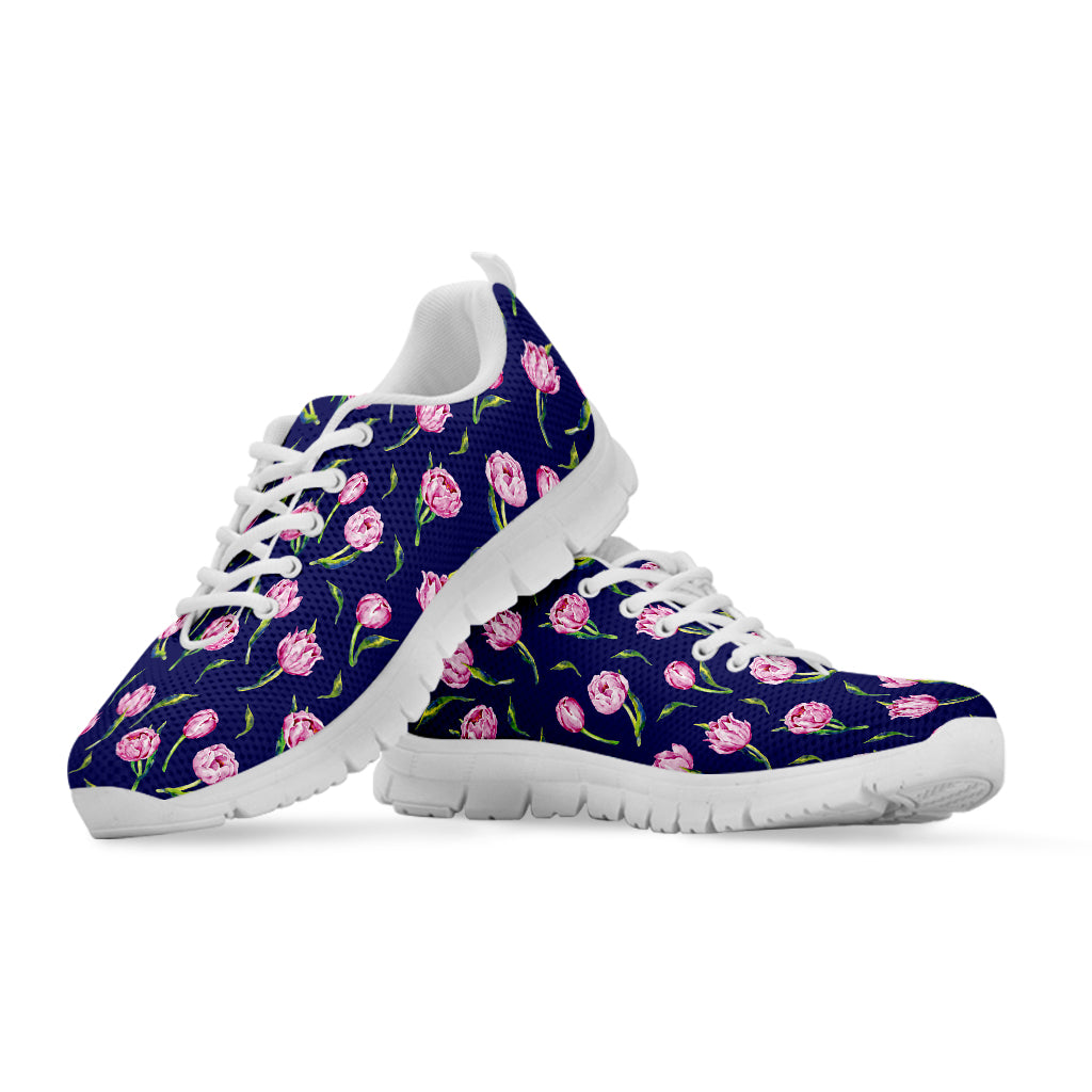 Pink Watercolor Tulip Flower Print White Sneakers