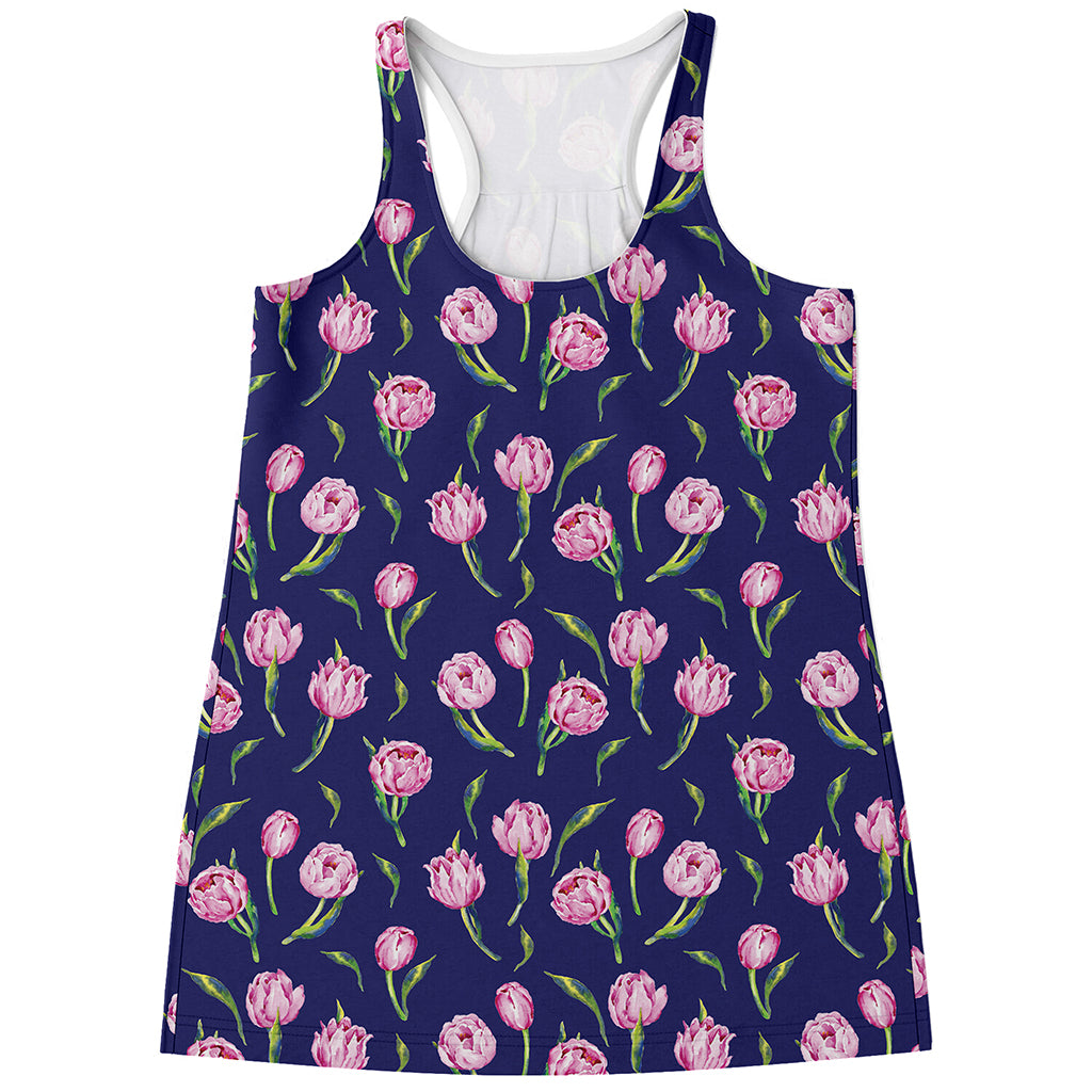 Pink Watercolor Tulip Flower Print Women's Racerback Tank Top