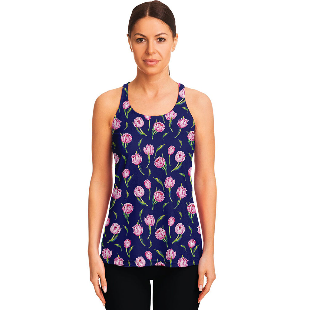 Pink Watercolor Tulip Flower Print Women's Racerback Tank Top