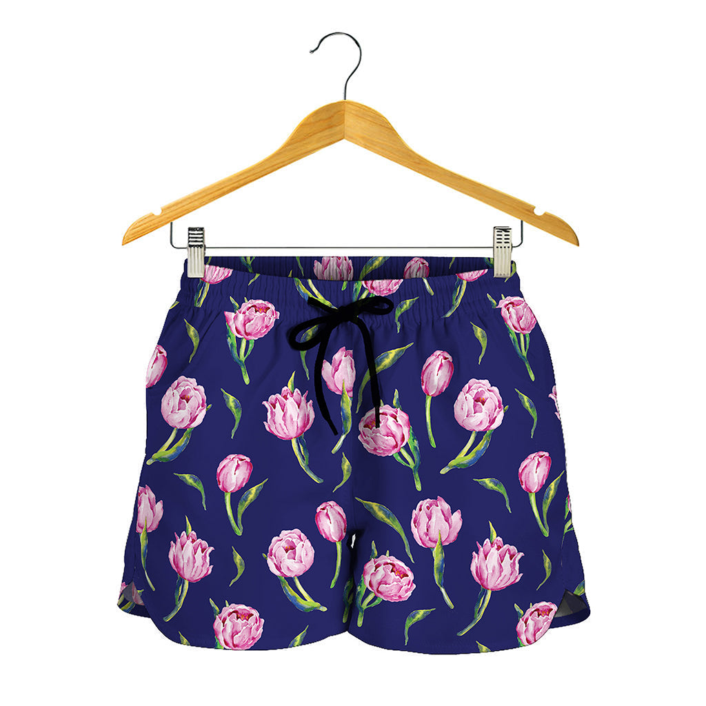 Pink Watercolor Tulip Flower Print Women's Shorts