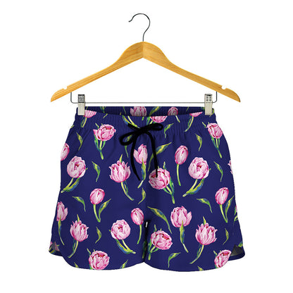 Pink Watercolor Tulip Flower Print Women's Shorts