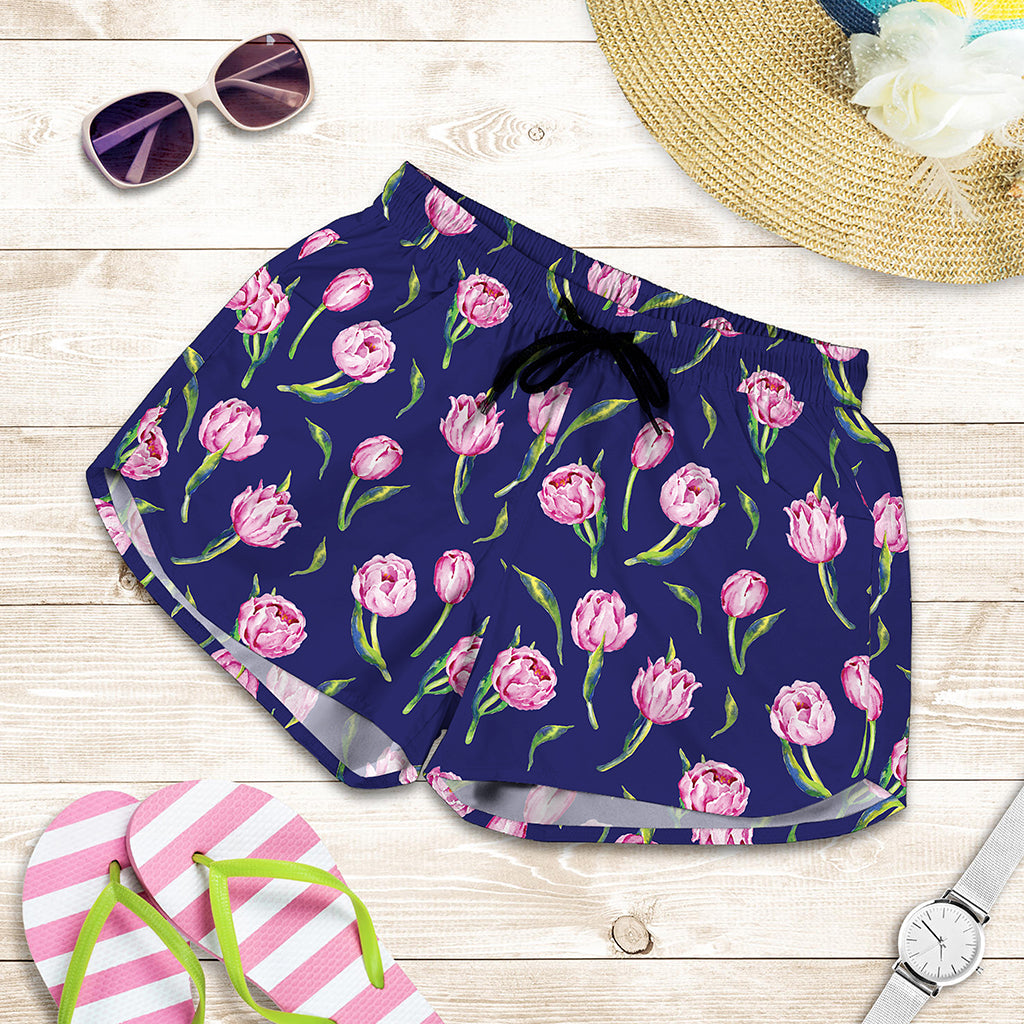 Pink Watercolor Tulip Flower Print Women's Shorts