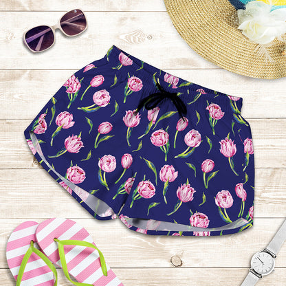 Pink Watercolor Tulip Flower Print Women's Shorts