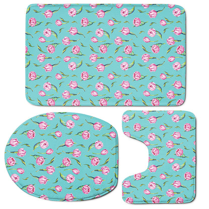 Pink Watercolor Tulip Pattern Print 3 Piece Bath Mat Set