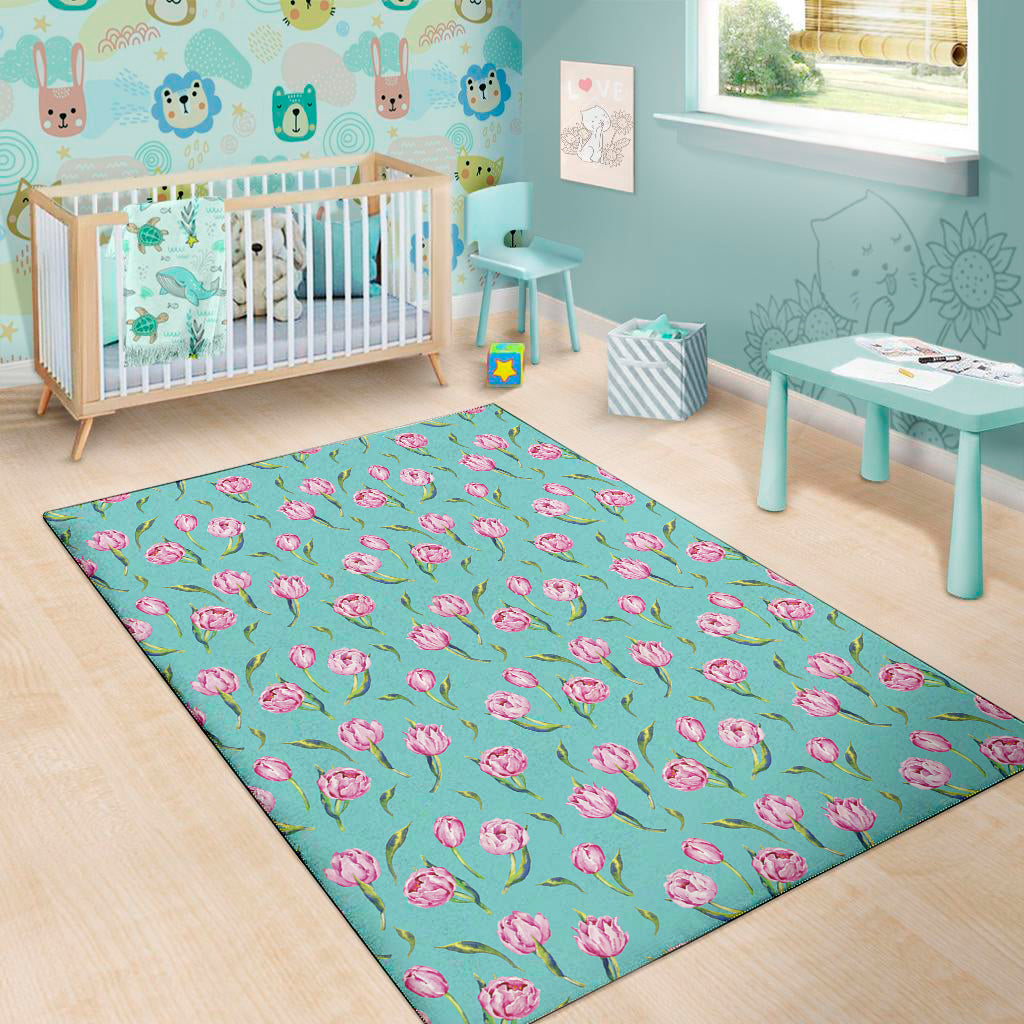 Pink Watercolor Tulip Pattern Print Area Rug
