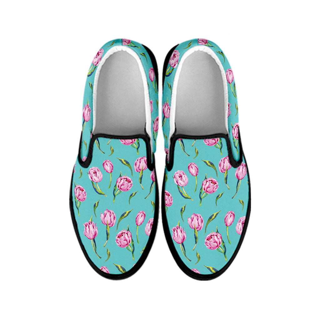 Pink Watercolor Tulip Pattern Print Black Slip On Shoes