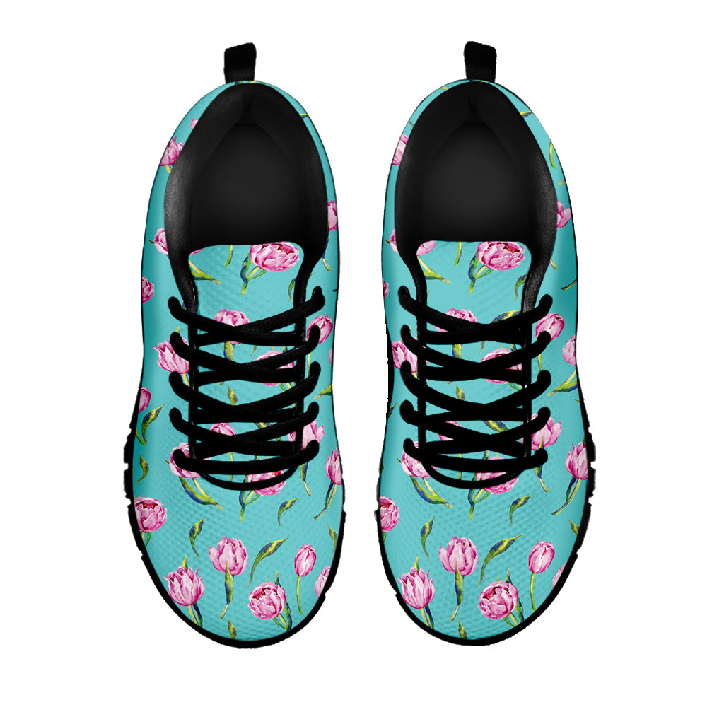 Pink Watercolor Tulip Pattern Print Black Sneakers