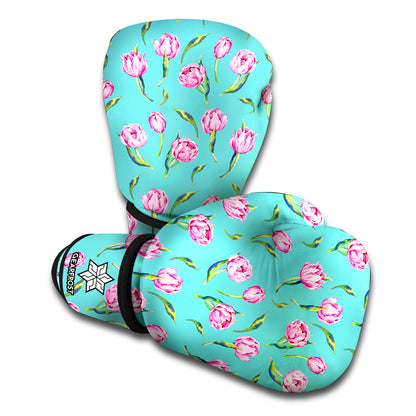 Pink Watercolor Tulip Pattern Print Boxing Gloves