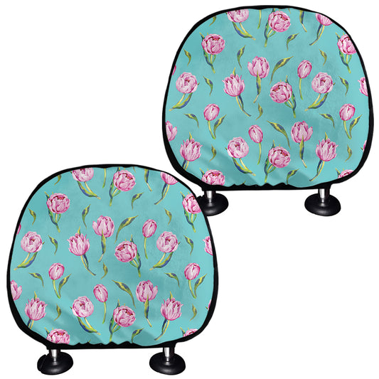 Pink Watercolor Tulip Pattern Print Car Headrest Covers