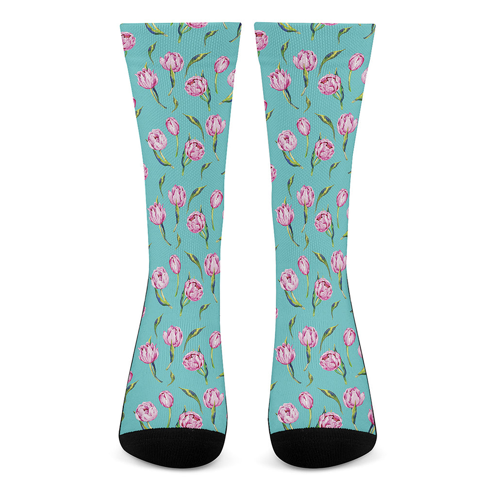 Pink Watercolor Tulip Pattern Print Crew Socks