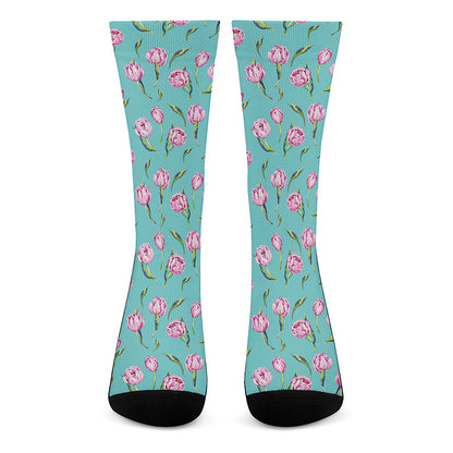 Pink Watercolor Tulip Pattern Print Crew Socks