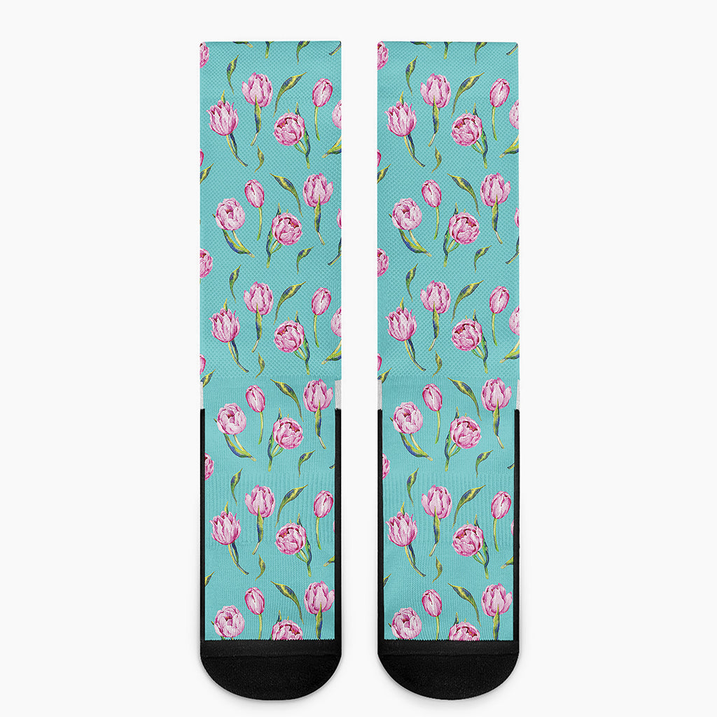 Pink Watercolor Tulip Pattern Print Crew Socks