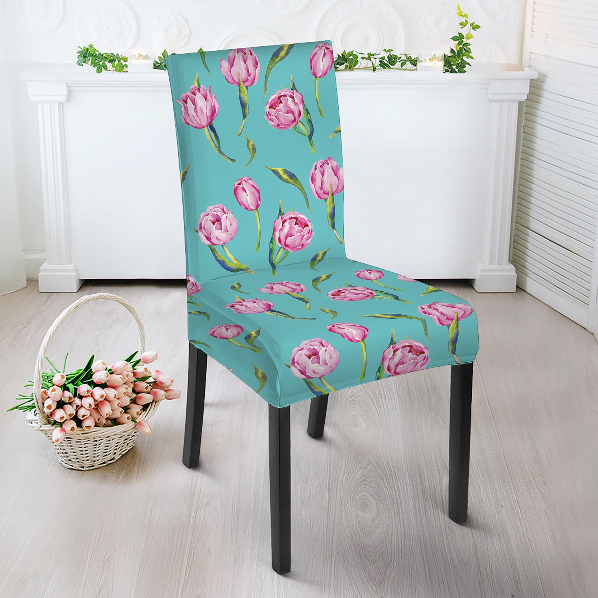 Pink Watercolor Tulip Pattern Print Dining Chair Slipcover