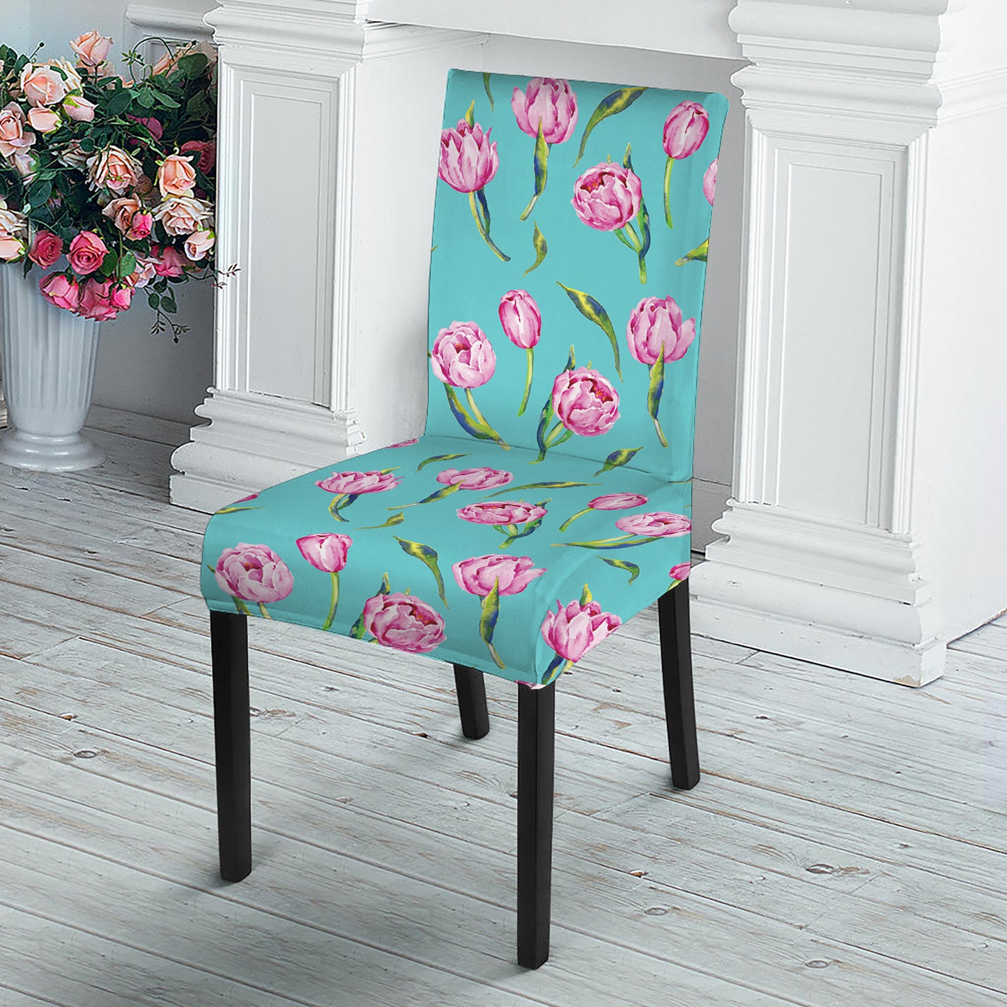 Pink Watercolor Tulip Pattern Print Dining Chair Slipcover