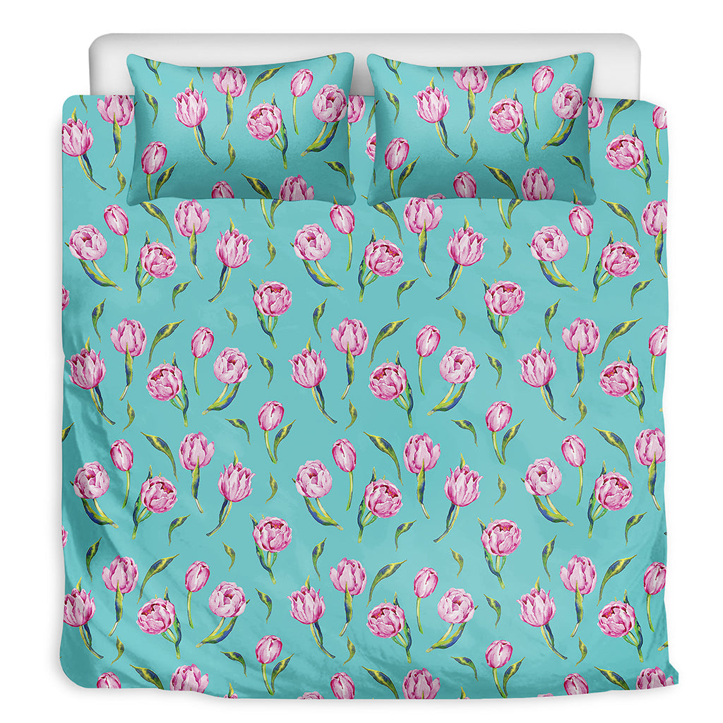 Pink Watercolor Tulip Pattern Print Duvet Cover Bedding Set