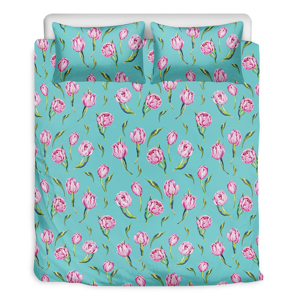 Pink Watercolor Tulip Pattern Print Duvet Cover Bedding Set