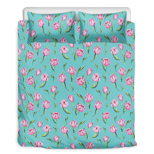 Pink Watercolor Tulip Pattern Print Duvet Cover Bedding Set