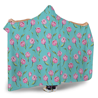 Pink Watercolor Tulip Pattern Print Hooded Blanket