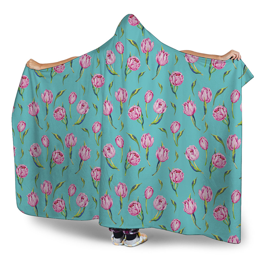 Pink Watercolor Tulip Pattern Print Hooded Blanket