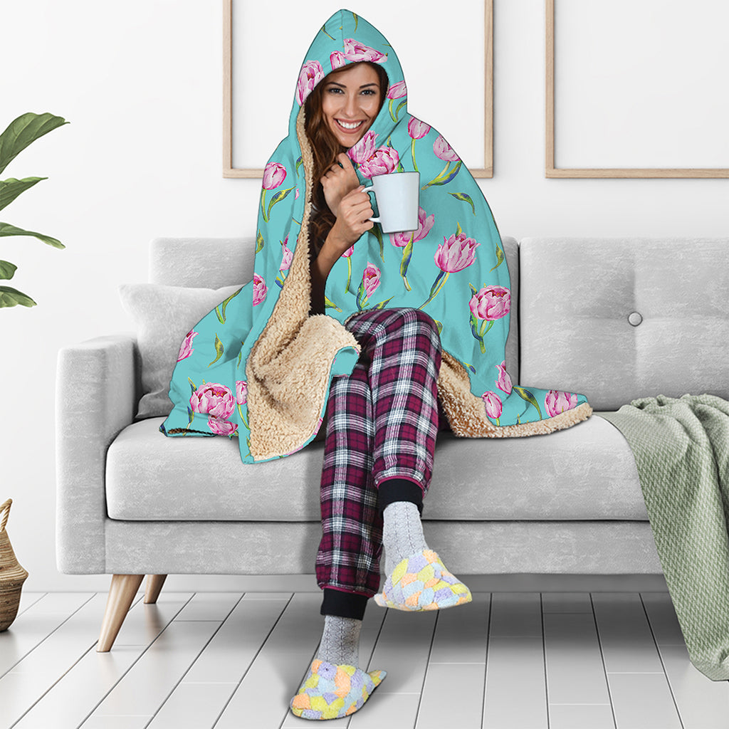 Pink Watercolor Tulip Pattern Print Hooded Blanket
