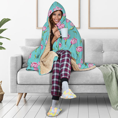 Pink Watercolor Tulip Pattern Print Hooded Blanket
