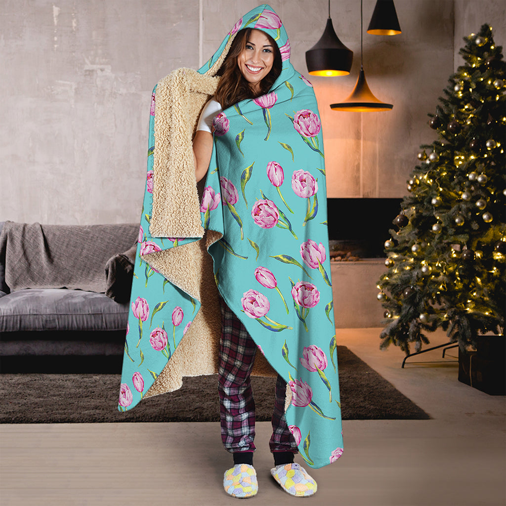 Pink Watercolor Tulip Pattern Print Hooded Blanket