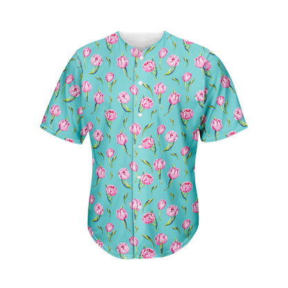 Pink Watercolor Tulip Pattern Print Men's Baseball Jersey
