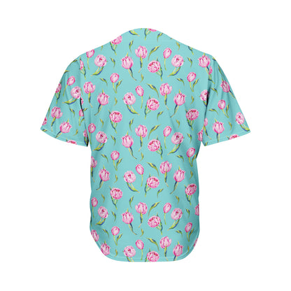 Pink Watercolor Tulip Pattern Print Men's Baseball Jersey
