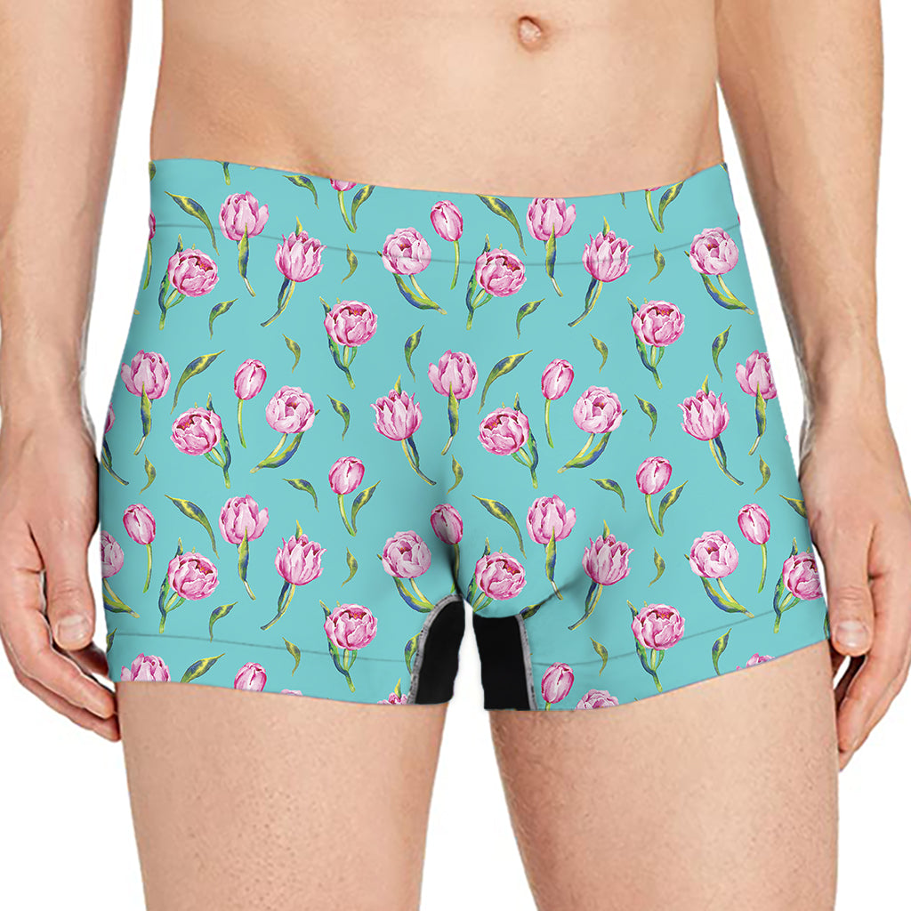 Pink Watercolor Tulip Pattern Print Men's Boxer Briefs